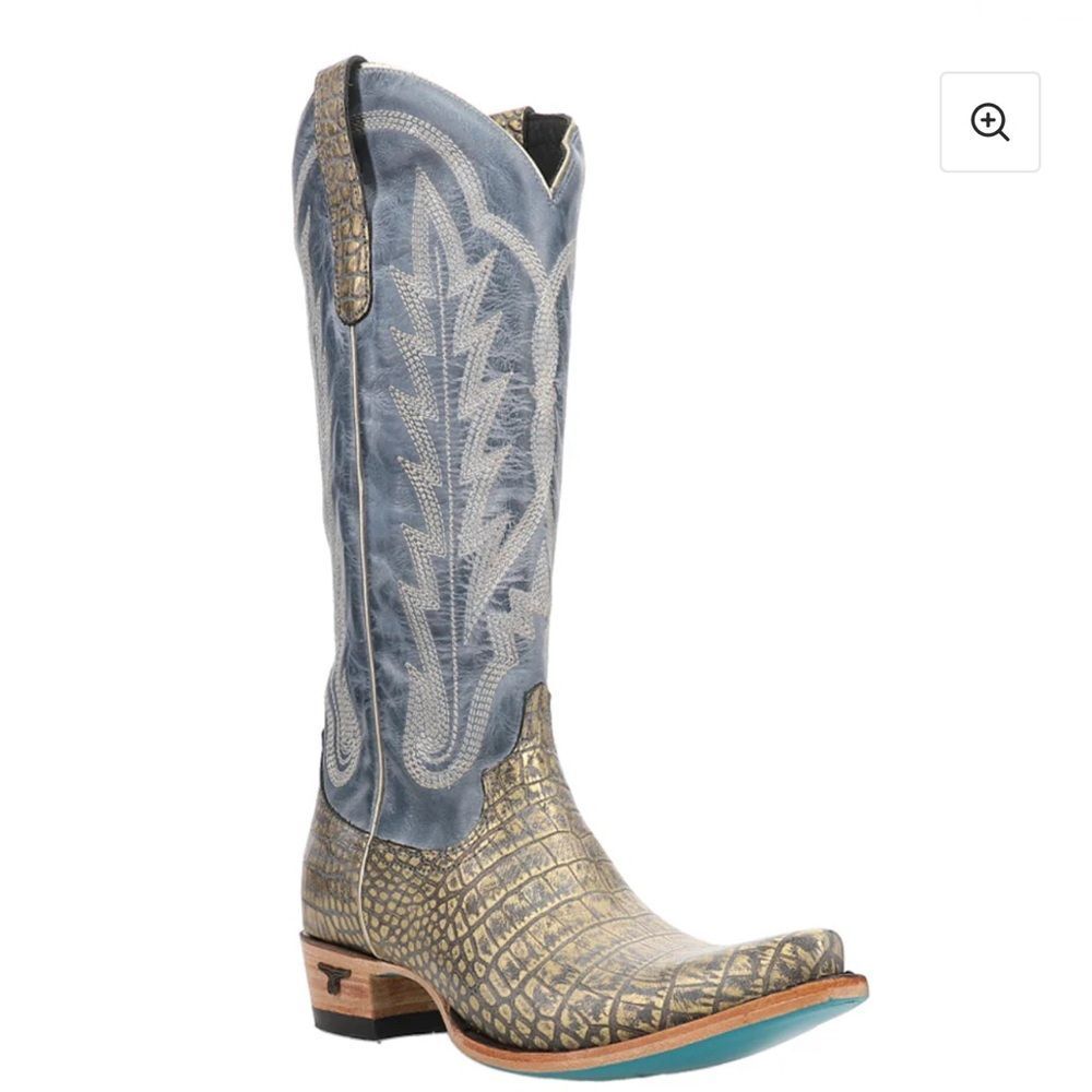 LANE Skylight Metallic Embossed Croc Caiman Snip Toe Cowboy Boots Blue 7.5 Nwt